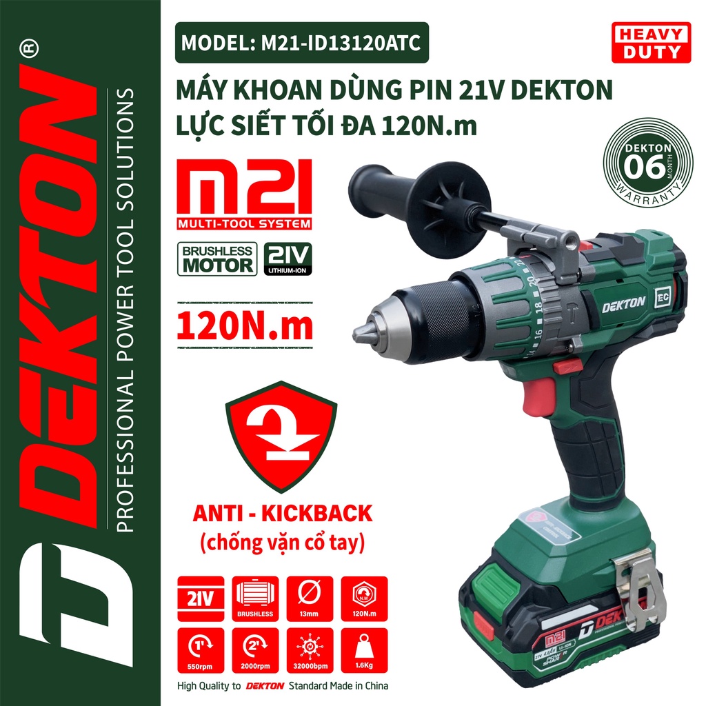 Máy Khoan 3 Chức Năng Dekton M21-ID13120ATC / Đầu Cặp 13mm / Lực Xoắn 120N.m / Anti KickBack Control / Chân Pin Makita