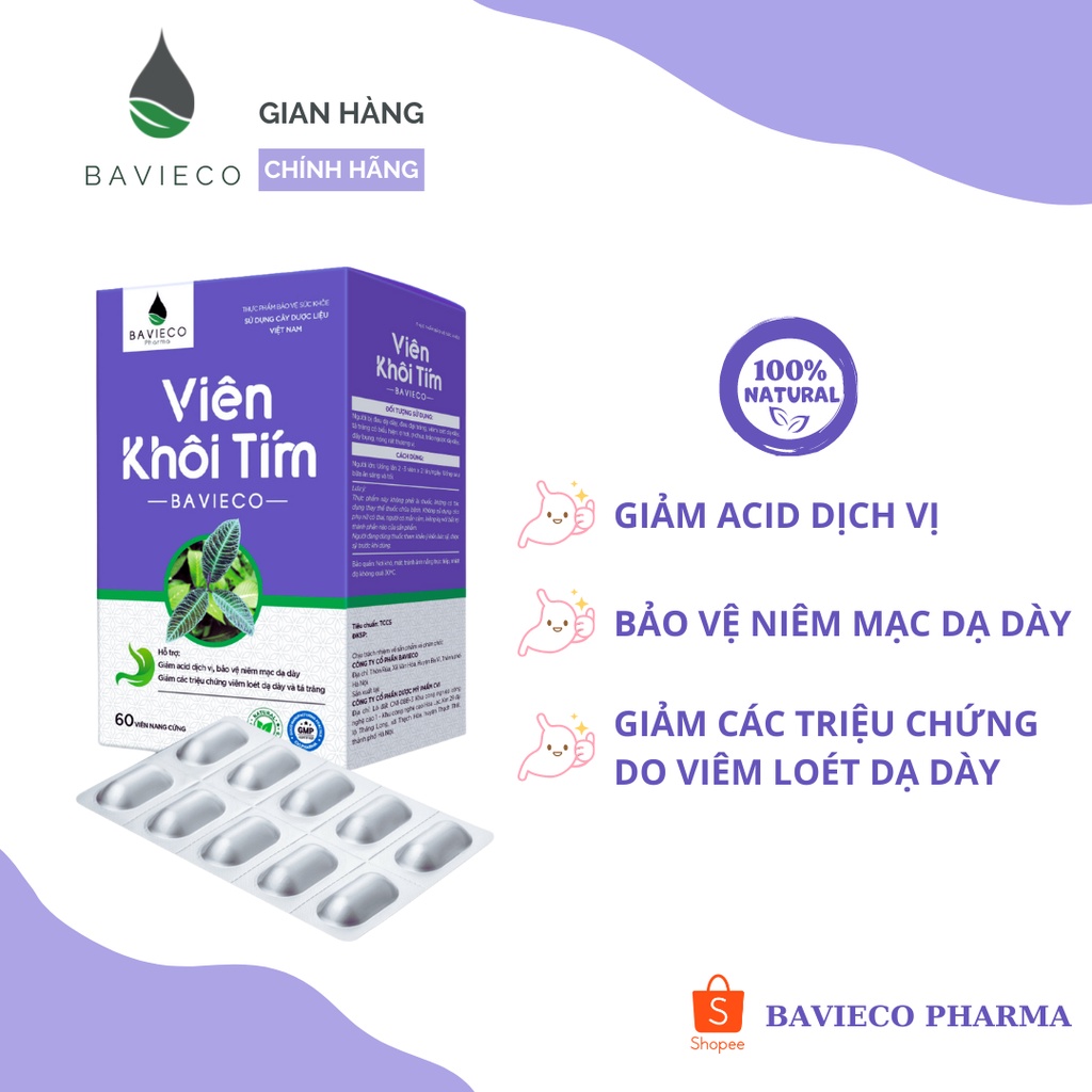 Viên khôi tím Bavieco hỗ trợ giảm các triệu chứng do viêm loét dạ dày - Hàng chính hãng