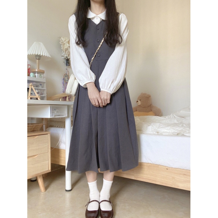 Set Áo Sơ Mi Cổ Búp Bê + Đầm Hai Dây Phong Cách Retro Pháp Hàng Mới 2023