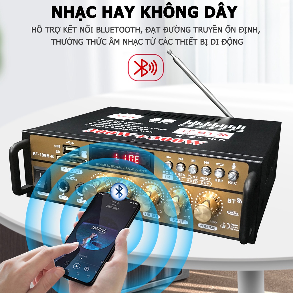 Amply karaoke-Âm ly mini bluetooth+Ghi Âm BT198B-B 600W，Amply mini xe hơi đa chức,Hát karaoke kết nối không dây bluetooh