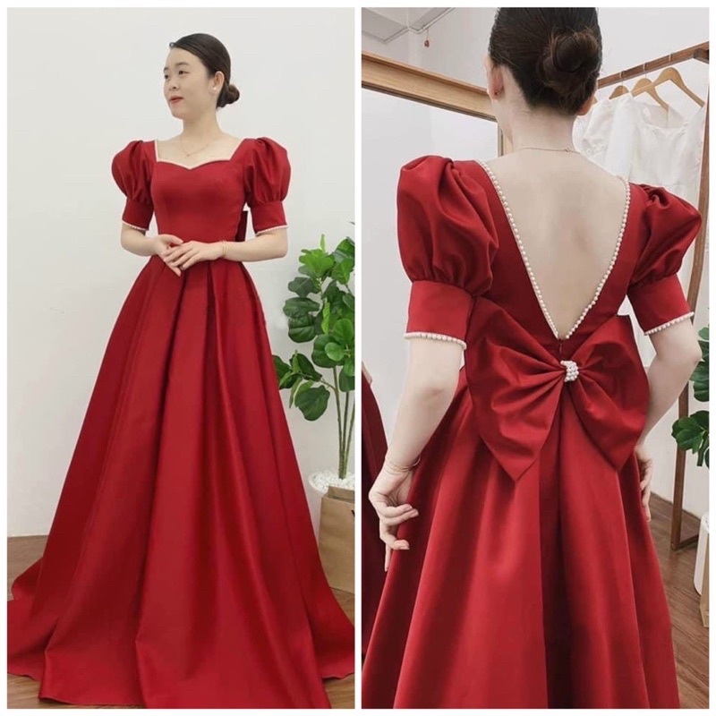 Đầm maxi cưới TRIPBLE T DRESS cổ U tay ngắn phồng hở lưng kết viền ngọc - size S/M/L - MS273Y