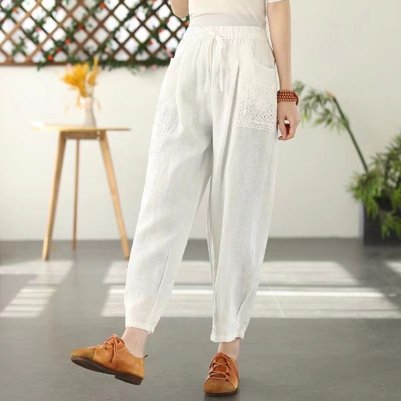 ICE Cotton and Linen Tappered Harem Pants Lace Patch Pants Brand Discount Discount Store Foreign Trade Export Original Single Female Loose Slimming Linen