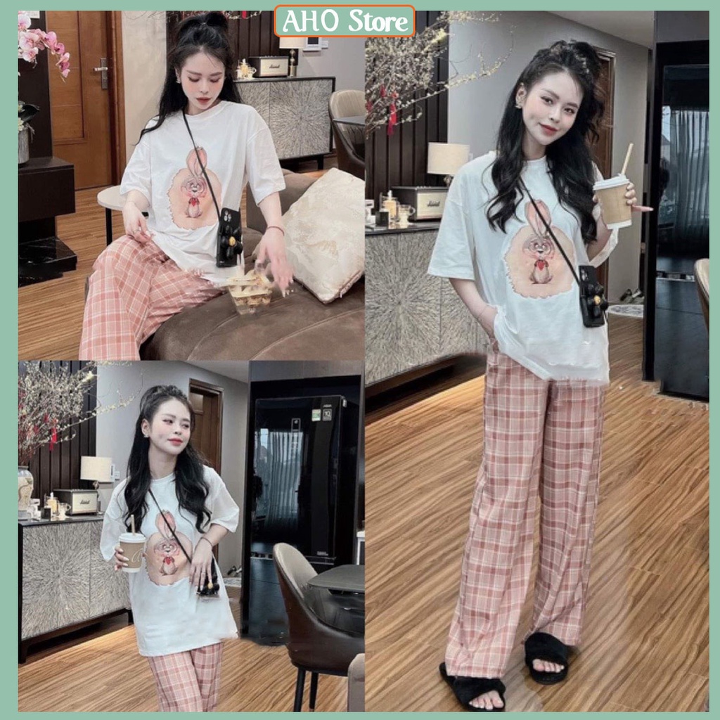 Bộ Áo Phông Nữ Ngắn Tay In Hình Thỏ Hồng Mix Quần Kẻ Caro Ống Rộng Freesize