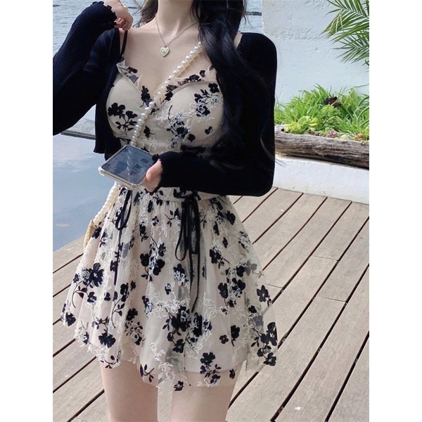 🌷 Váy hoa nhí cúp ngực dáng ngắn kèm áo khoác len thời trang cho nữ