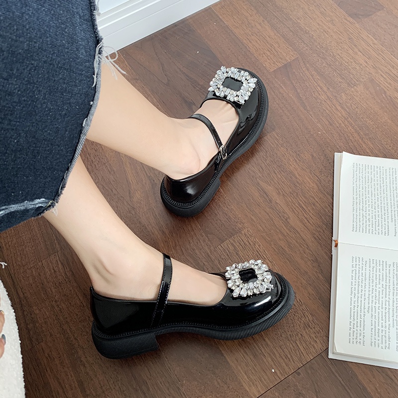 Giày Da Mũi Tròn Đế Dày Mềm Mại Đính Đá Kiểu Lolita Dễ Thương Cho Nữ