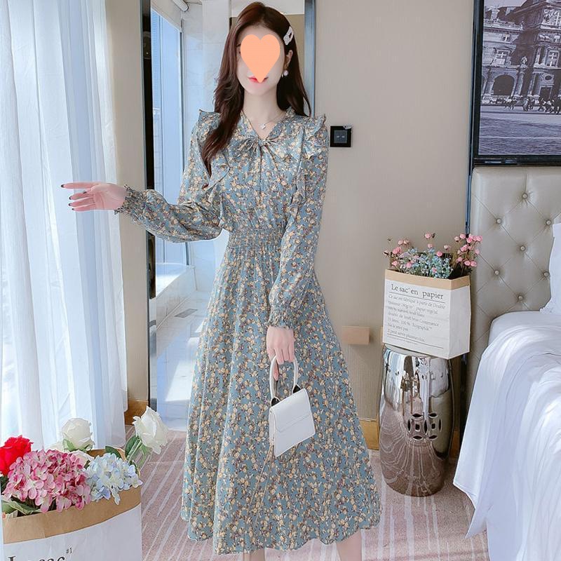 Đầm Voan Dài Ôm Eo Mềm Mại In Họa Tiết Hoa Phong Cách Hàn Quốc Thanh Lịch Dành Cho Nữ