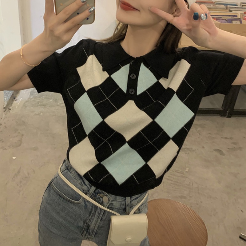 IELGY Áo Dệt Kim Ngắn Tay Họa Tiết Hình Thoi Thời Trang Cho Nữ