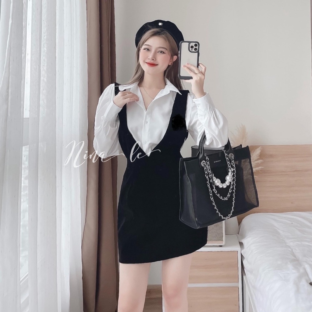 [3.3 Sales Freeship] Set yếm váy nữ Hàn Quốc, set yếm nhung 2 dây bản to phối áo sơ mi trắng tay dài thanh lịch mtb