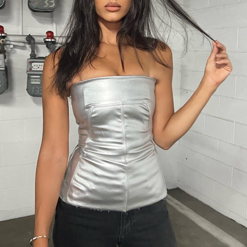 Áo Ống Mùa Hè Màu Bạc Ánh Kim Trễ Vai Gợi Cảm Cho Nữ