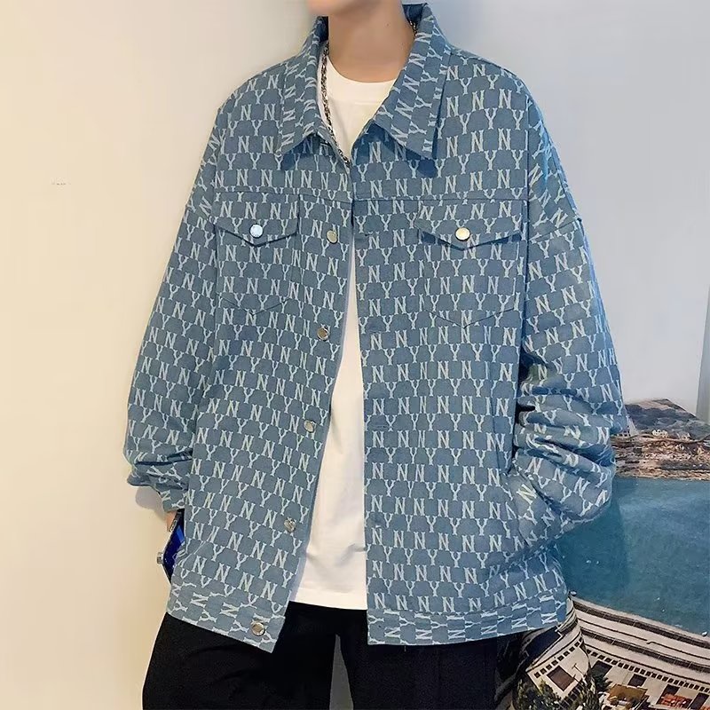 Áo khoác denim TF1 cao cấp in toàn bộ bề mặt phong cách thể thao Hồng Kông thời trang đường phố mùa thu cho nam