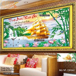 Tranh đính đá đồng hồ thuận buồm KT:90x50cm, tranh chưa đính đá và chưa khung