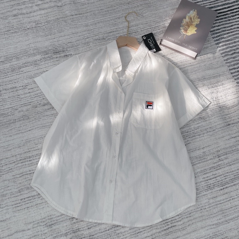 Áo sơ mi tay ngắn thêu chất cotton bột phom rộng freesize