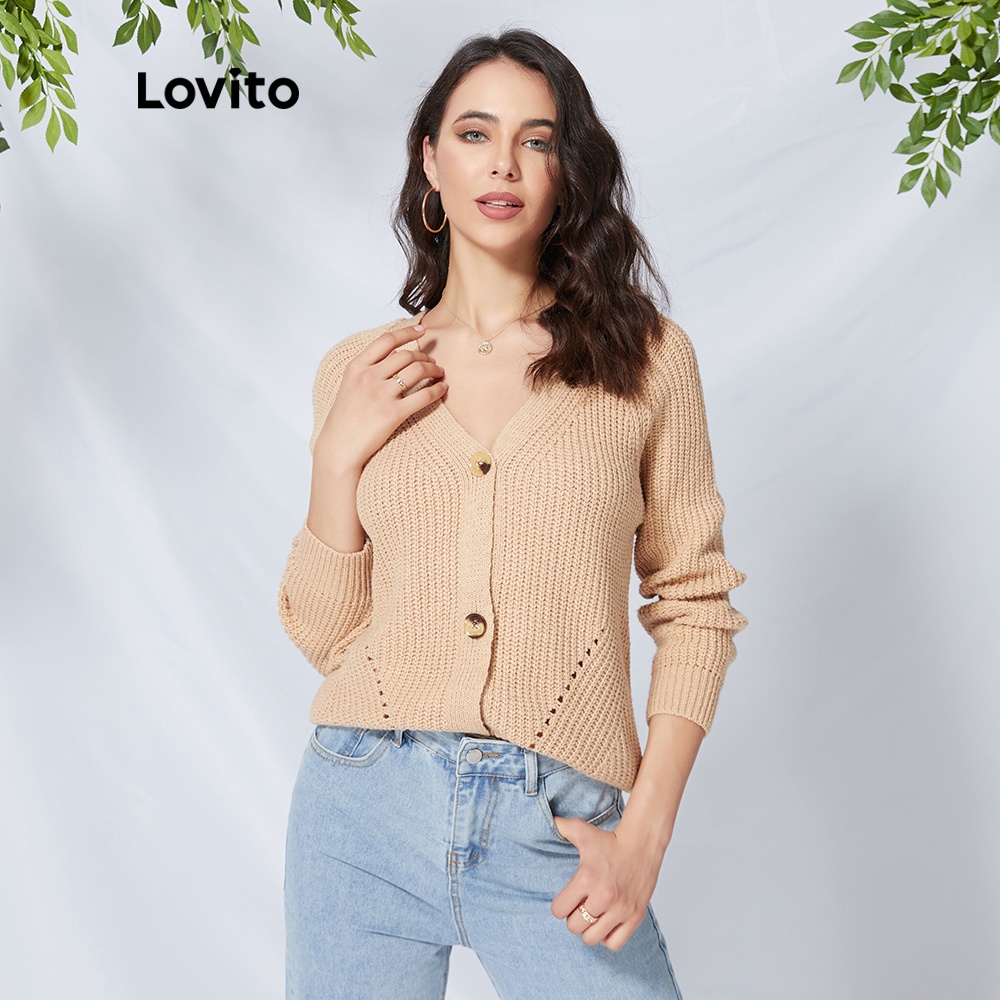113XJ 1215XJ-1206de-Áo sweater trơn cổ chữ V Lovito L099 (xanh lam/kaki)