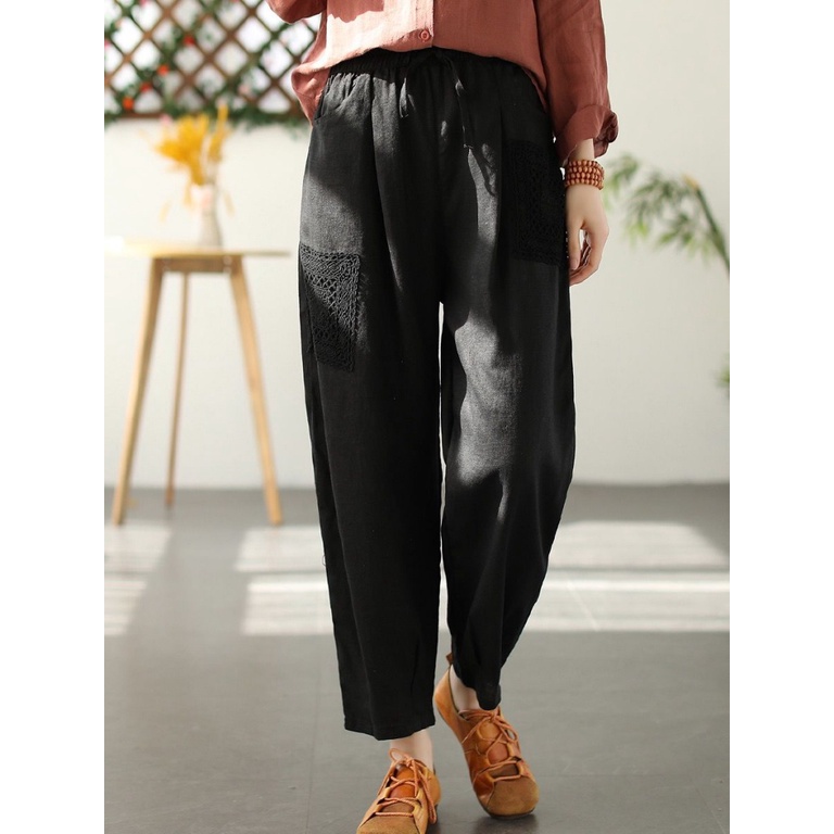 ICE Cotton and Linen Tappered Harem Pants Lace Patch Pants Brand Discount Discount Store Foreign Trade Export Original Single Female Loose Slimming Linen