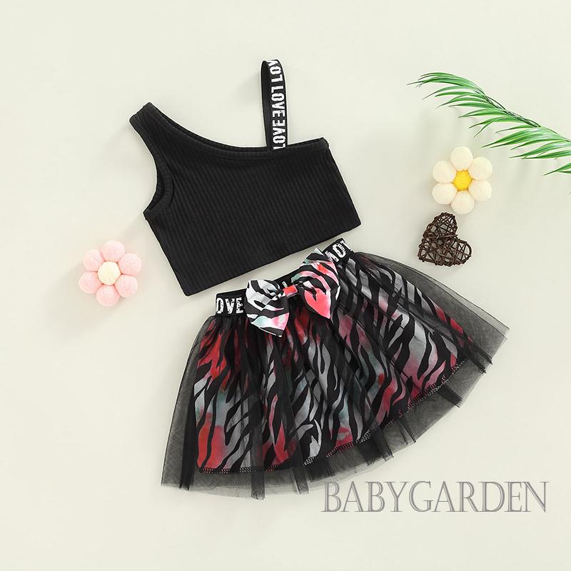 Set Áo Hai Dây Dệt Kim In Chữ + Chân Váy Lưới Thời Trang Cho Bé Gái 6 Tháng-4 Tuổi