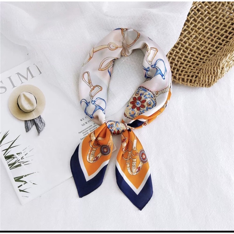 Khăn turban lụa vuông choàng cổ size 70x70cm thanh lịch phong cách nữ tính đa năng dùng làm áo yếm in hoa văn