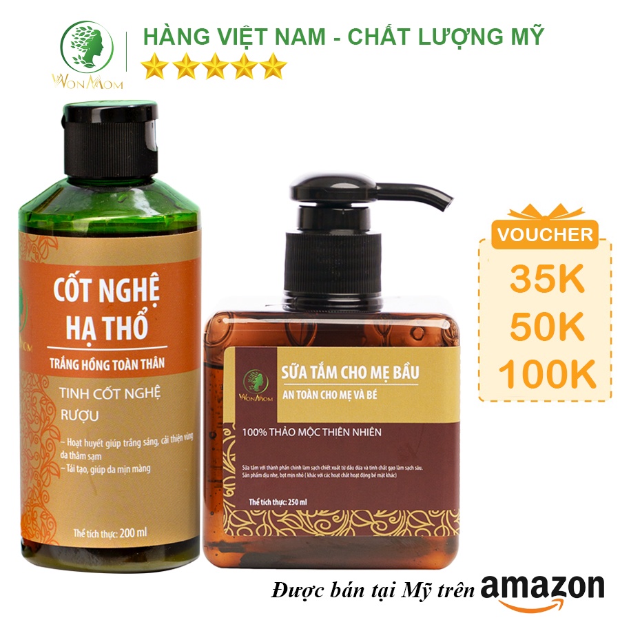 [ Giảm 50K - Đơn 459K ] Bộ tắm thảo mộc và dưỡng trắng body sau sinh Wonmom  ( 1 Cốt nghệ + 1 Sữa tắm cho mẹ )