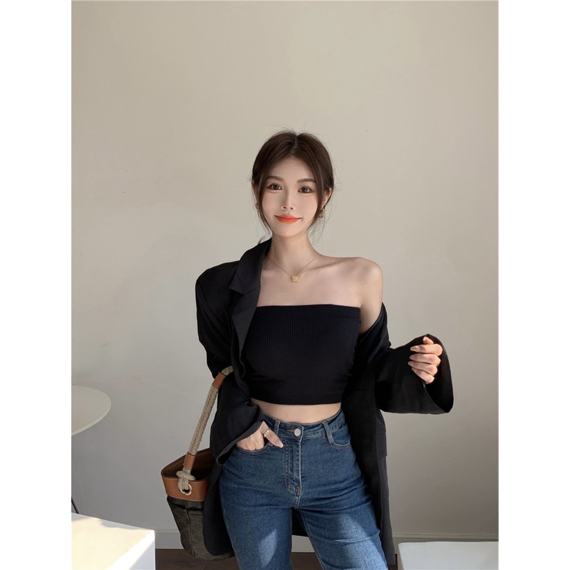 Áo croptop sát nách ZHELIHANGFEI trễ vai thiết kế ngọt ngào dễ phối đồ cho nữ