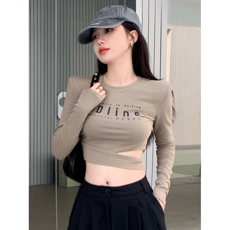 Áo Thun croptop Tay Dài In Chữ Cá Tính Cho Nữ