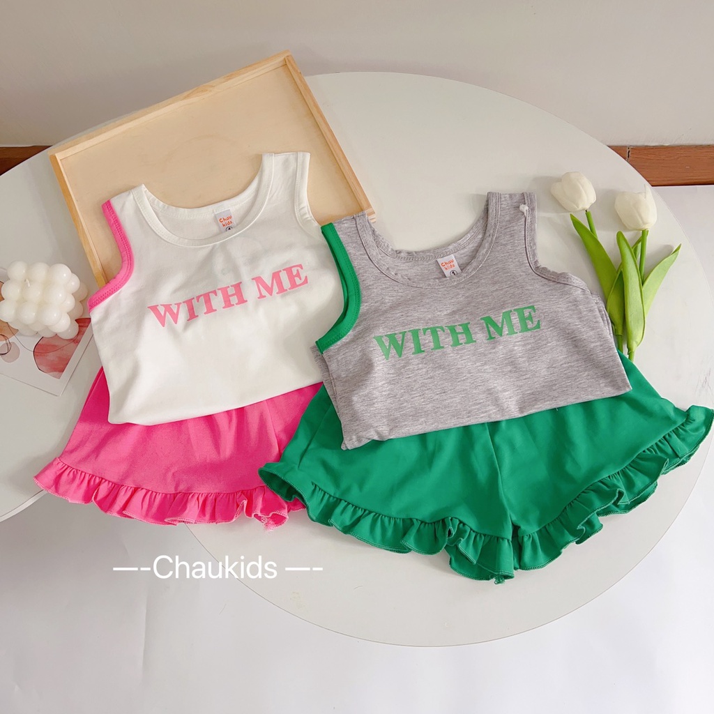 Bộ hè cho bé gái , Sét bộ áo cotton 3 lỗ With Me phối quần viền bèo siêu đẹp cho bé gái.