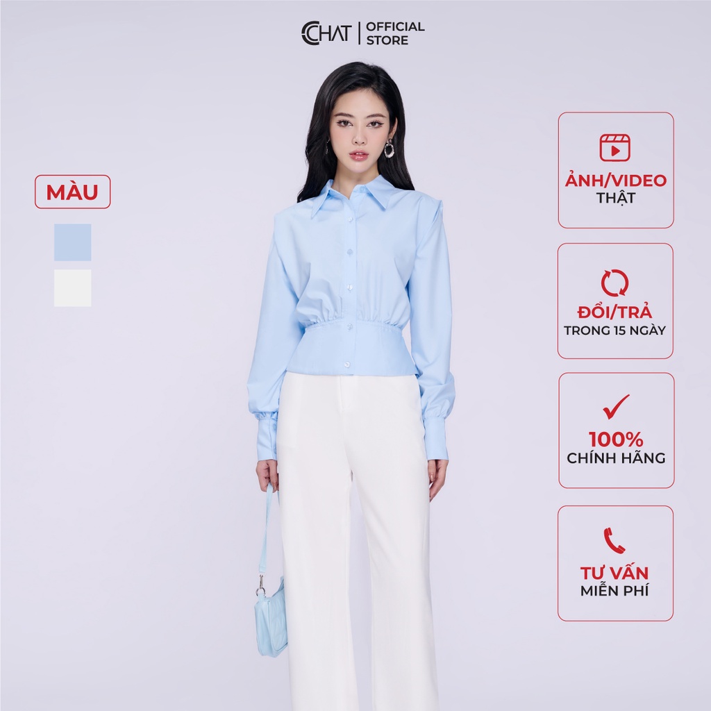 Áo Sơ Mi Nữ 𝐂𝐂𝐇𝐀𝐓 Vai Nhê Tay Dài Chất Liệu Thô Cao Cấp 53FDT2001OT