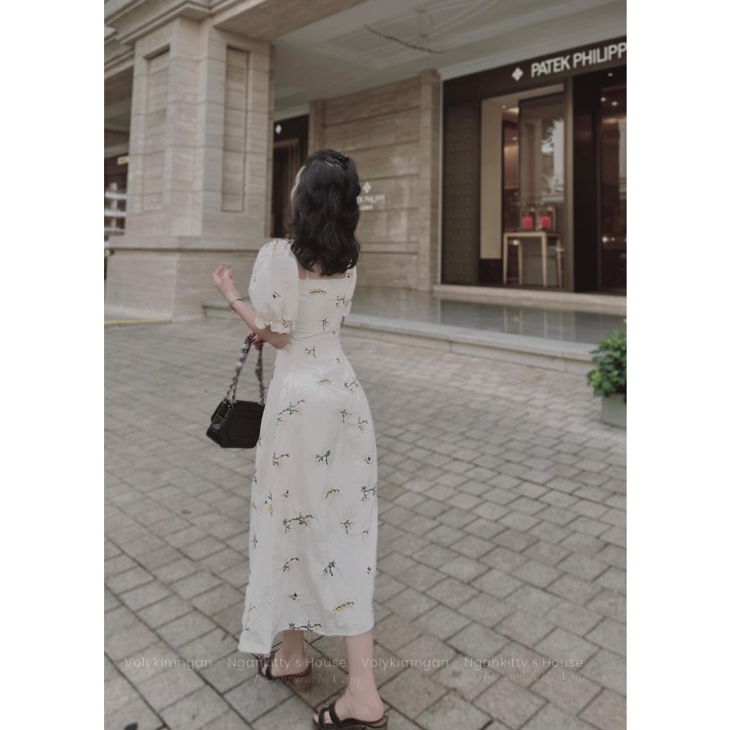 Váy tay phồng hoa thêu rút dây