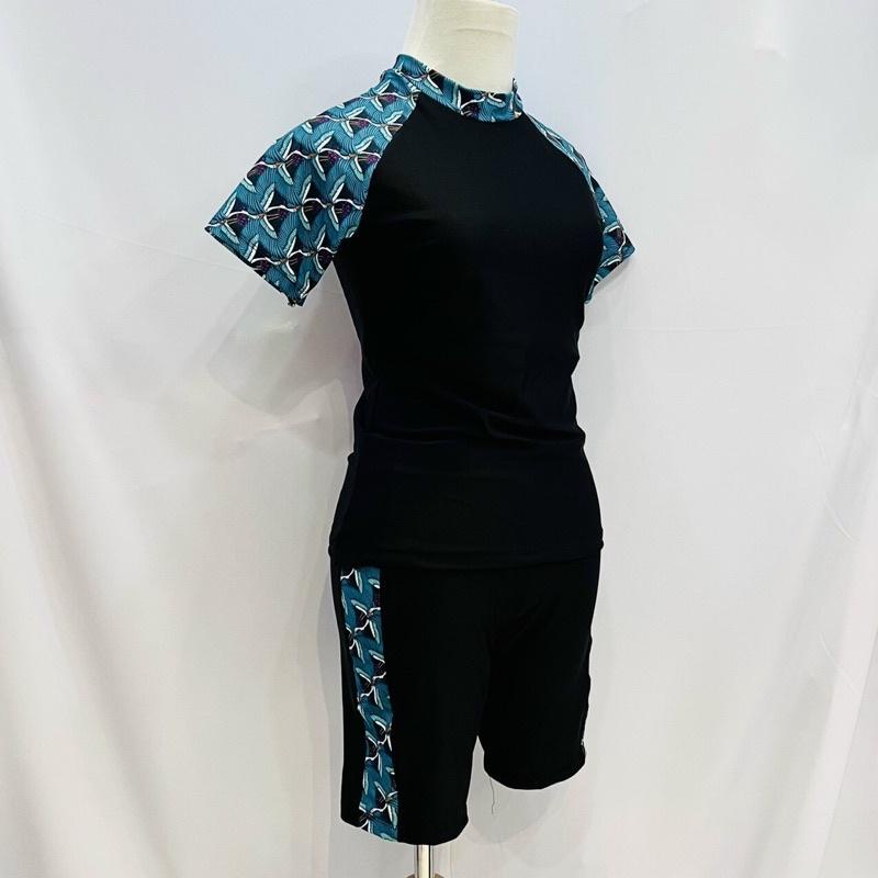 BỘ BƠI NỮ KÍN ĐÁO TAY NGẮN QUẦN LỬNG TRƠN PHỐI HOA VĂN SIZE 35-58kg