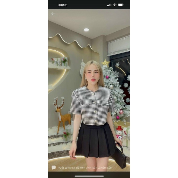 sét bộ váy dạ dập ly phối áo kiểu đính nút ngắn tay hot