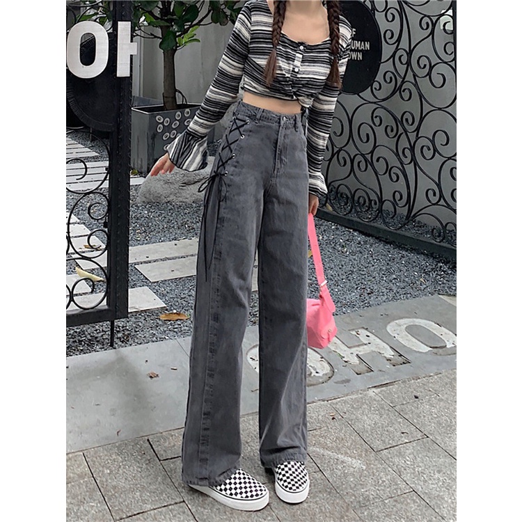 [Hàng Quảng Châu] Quần Jean Nữ Đen Phối Dây Hàng Chuẩn loại 1 Mix Đồ Cực Chất ailee.st