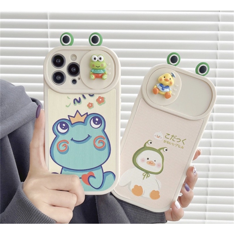 Ốp lưng iphone mềm dẻo viền bo tròn chống màu be con vịt và ếch màu xanh lá có đồ che cam kéo qua lại tiệnlợi và tai ếch