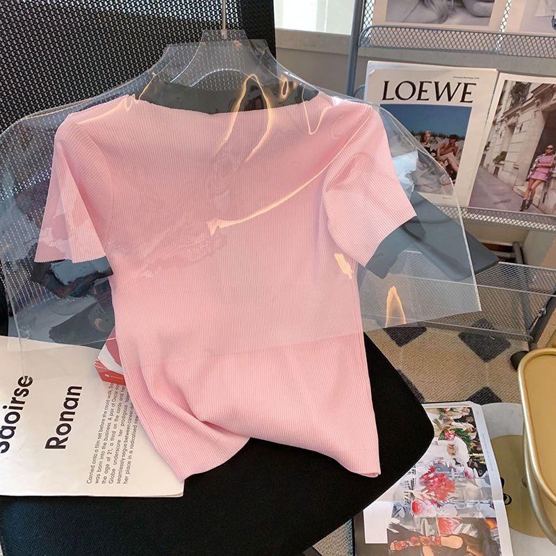 Áo Sweater Tay Ngắn Dáng Ôm Phối Màu Tương Phản Thời Trang Mùa Hè 2022 Cho Nữ