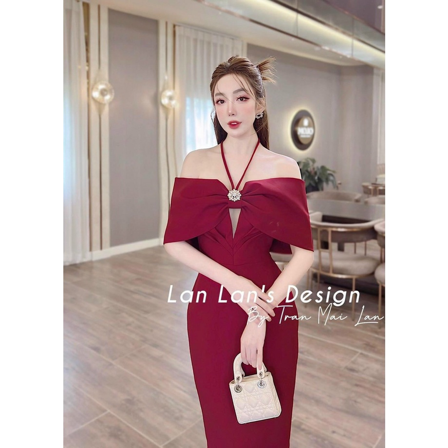 [3.3 Sales Freeship] Đầm nữ đi tiệc dáng dài, đầm thiết kế trễ vai nơ phối dây cổ khoét ngực chất tapda quyến rũ dx