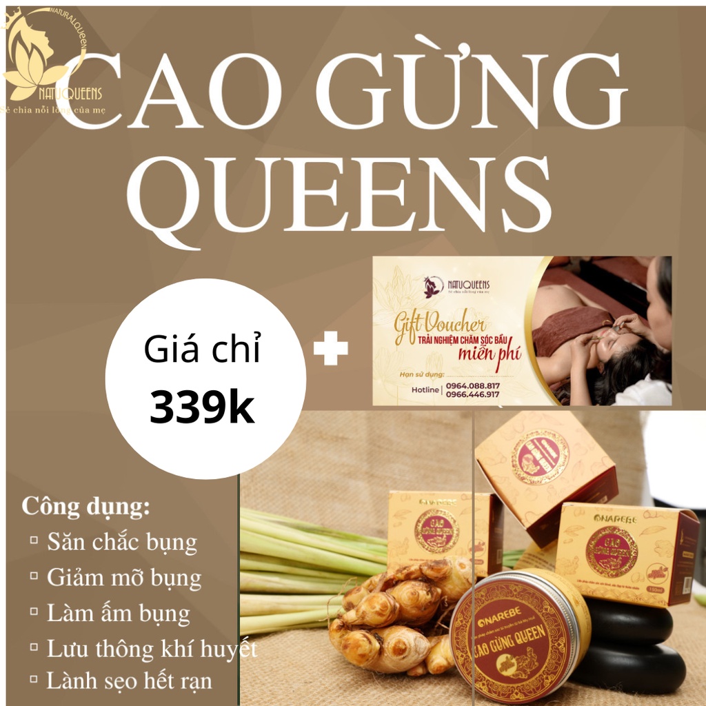 Cao gừng QUEEN tan mỡ bụng làm ấm bụng, thông khí huyết 150gr ( TẶNG VOUCHER CHĂM SÓC BẦU )