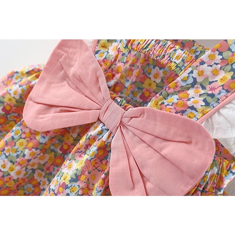 Đầm công chúa hai dây vải cotton in hoa đính nơ thời trang mùa hè xinh xắn dành cho bé gái