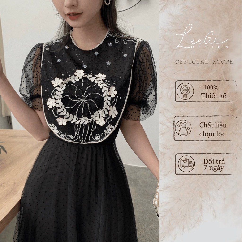 Váy ren đính hoa chấm bi tay bồng LeeGi Design tiểu thư thanh lịch