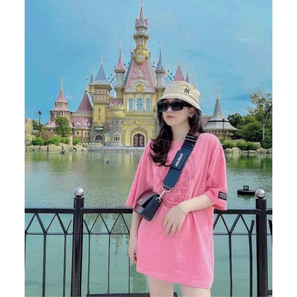Áo phông dáng rộng lifework Signature Hồng chất cotton nhung khô mã 064