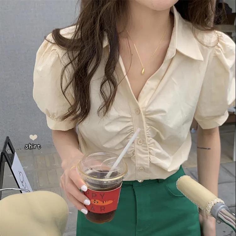 Áo Sơ Mi Tay Ngắn Phồng Ôm Dáng Mẫu Mới 2023 Thời Trang Mùa Hè Phong Cách Hàn Quốc