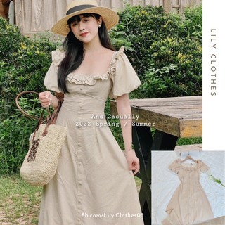 Váy maxi thô đũi cổ vuông phối bèo tay bồng tiểu thư