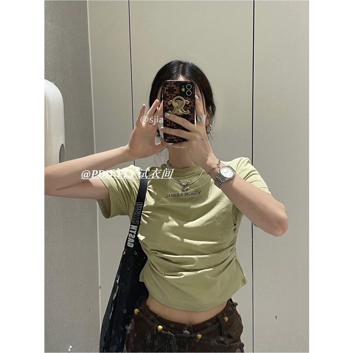 COZOK Áo Thun Tay Ngắn Dáng Ôm Xếp Ly Thời Trang vintage