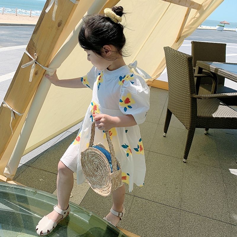 Đầm Công Chúa Mùa Hè Tay Cộc Hở Lưng In Họa Tiết Hoa Phong Cách Hàn Quốc Cho Bé Gái