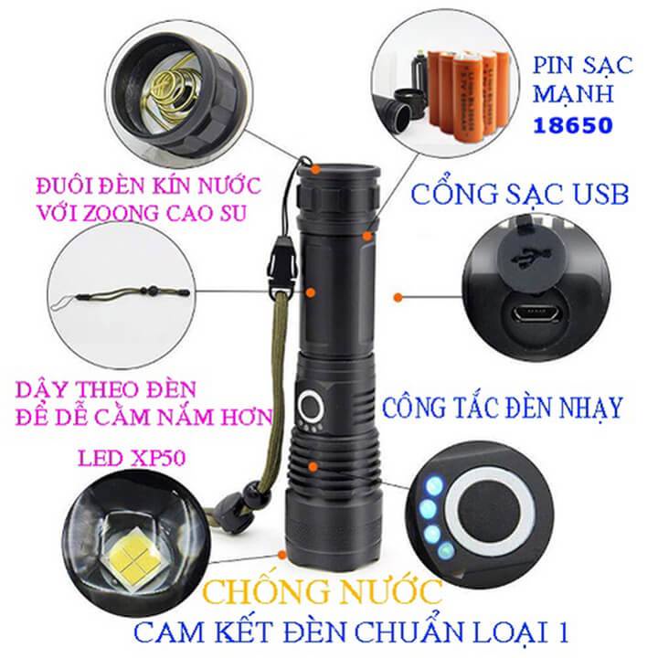 Đèn Pin XHP Siêu Sáng Cầm Tay Pin Trâu 26650