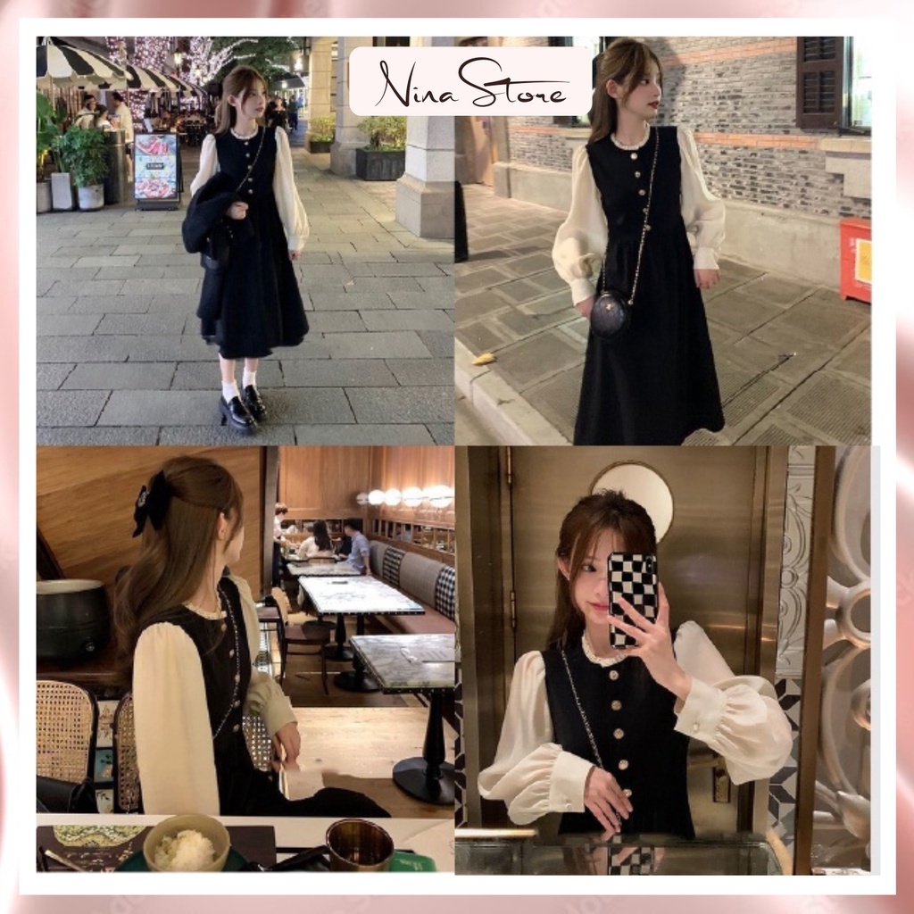Váy tiểu thư nhung tay voan phối cổ nhún điệu đà đầm nữ dáng dài phong cách trẻ trung thanh lịch NinaStore