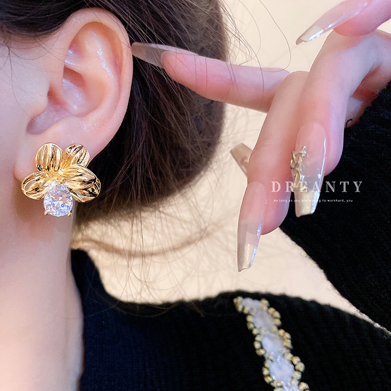 Khuyên Tai Mạ Vàng / Bạc Hình Hoa Đính Đá Zircon Phong Cách Mới