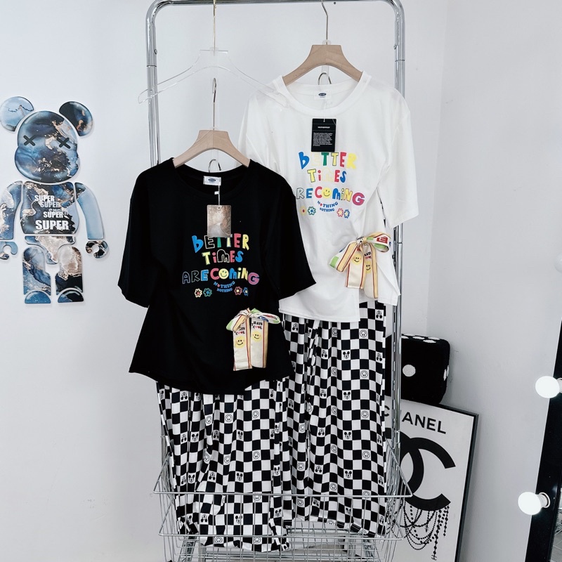 [ 𝐅𝐑𝐄𝐄 𝐒𝐇𝐈𝐏 ] Set áo phông mặt cười nơ cài mix quần suông caro hot hit Áo cotton tàu mềm đẹp, xẻ hông chuẩn mẫu