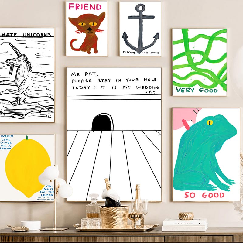 Tranh Vải Bạt Treo Tường In Hình David Shrigley Frog Parrot Chanh Phong Cách Bắc Âu Trang Trí Nhà Cửa