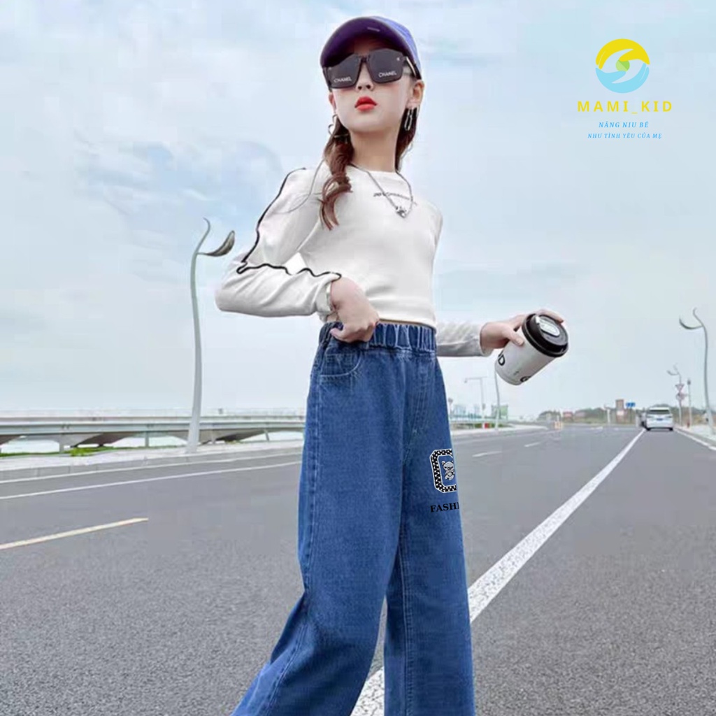 Quần Jean Bé Gái Dáng Xuông Ống Rộng Phong Cách Hàn Quốc, Dáng đẹp, Chất mềm, Dày Dặn, Co Giãn tốt shop Mamikid