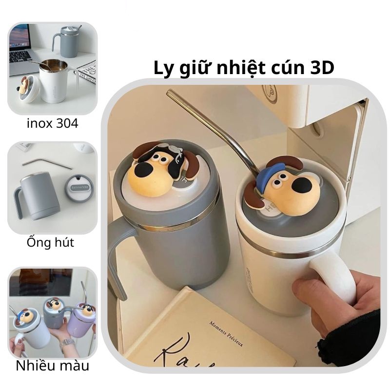 Ly giữ nhiệt có ống hút inox, cốc uống nước nắp hình chú chó có nắp đậy 500ml giữ nhiệt tốt 4-8 tiếng