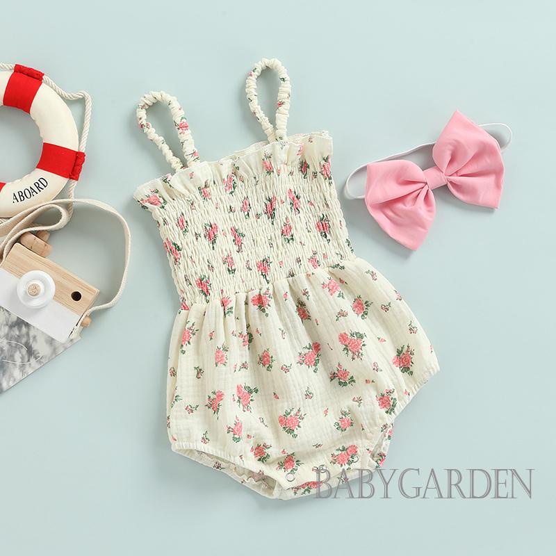 Bộ Áo Liền Quần Hai Dây Cổ Thuyền In Họa Tiết Hoa + Băng Đô Cài Tóc Xinh Xắn Cho Bé Gái 0-24 Tháng Tuổi