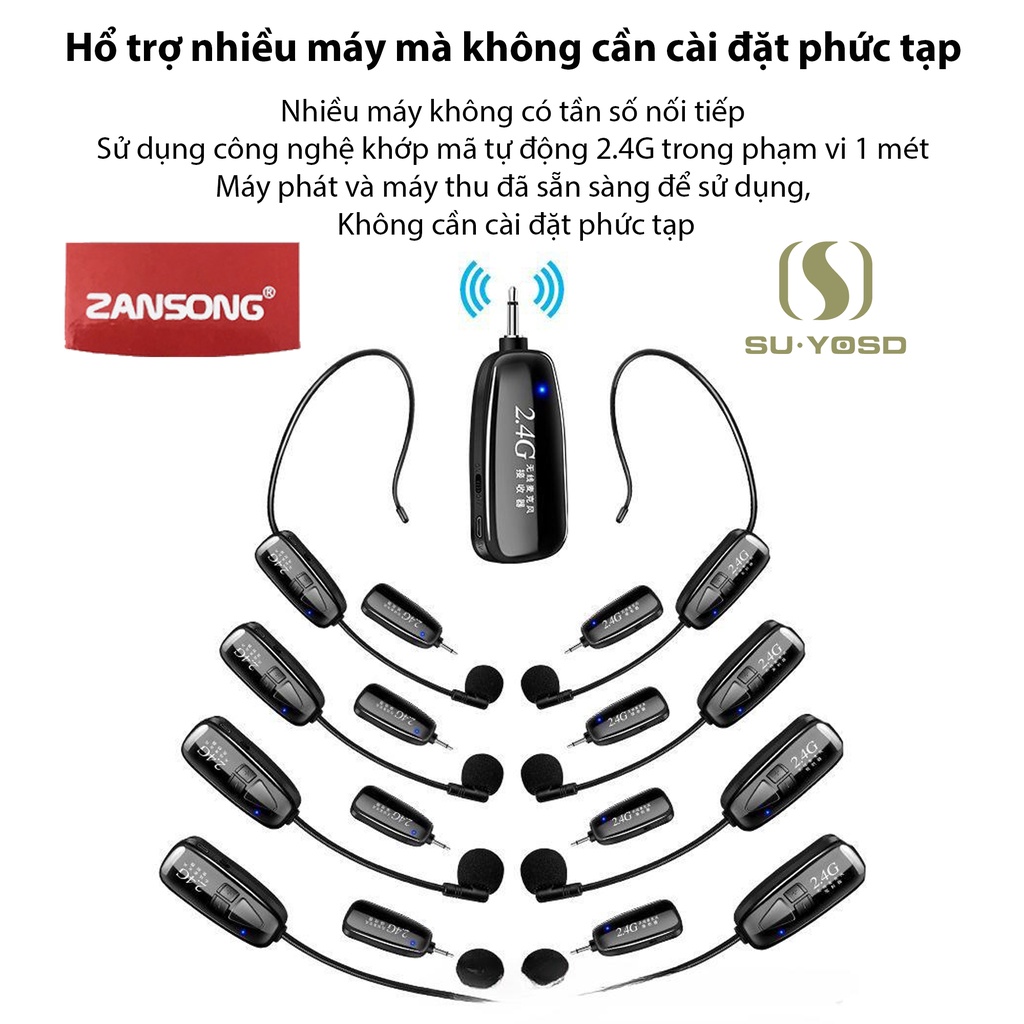 Mic Trợ Giảng Không Dây Cài Đầu V38 Zansong 2.4G Cao Cấp, Kết Nối Loa Trợ Giảng, Loa Kéo, Amly, Điện thoại