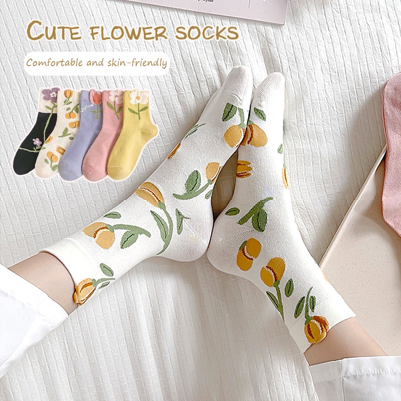 Vớ Cotton Cổ Cao Họa Tiết Hoa Dễ Thương Thời Trang Cho Nữ